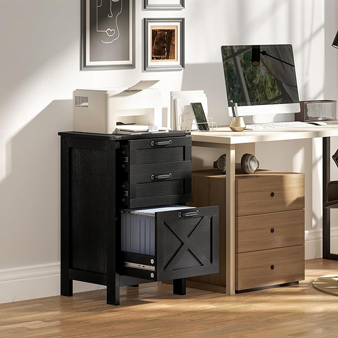 HOMCOM 3 Drawer File Cabinet with Silent Slides, Vertical Filing Cabinet for Hanging A4/Letter Size, Rustic Farmhouse Printer Stand with Storage for Home Office, Distressed Black