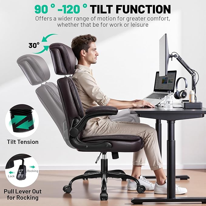Office Chair, Ergonomic Desk Chair, Executive Leather Office Chairs with Lumbar Support, Adjustable Headrest & Armrests, Big and Tall Computer Chair, PC Chair with Rocking Function
