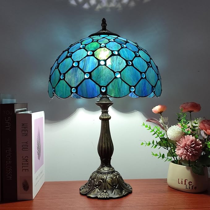 Tiffany Table Lamp Stained Glass Antique Bedside Nightstand Lamp Blue Pearl Style Small Antique Desk Light for Bedroom Living Room Home Office,3-Color LED Bulb Include