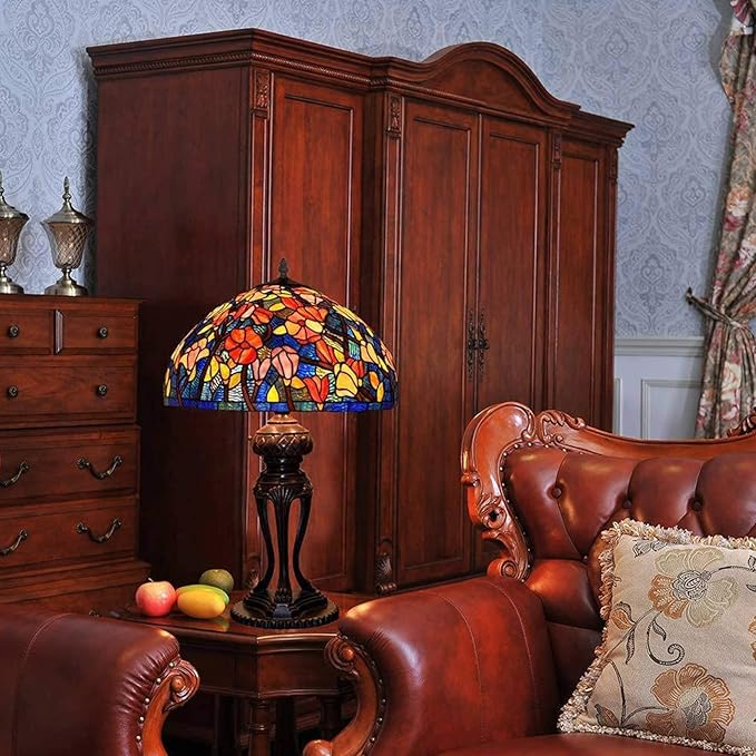 Tiffany Lamp Table Lamp Rose Dragonfly Tulip Wisteria Grape Peach Kapok Peony Apple Flower Design Stained Glass Lampshade Desk Lamp for Girl Living Room Iron Base W20 XH32,Kapok