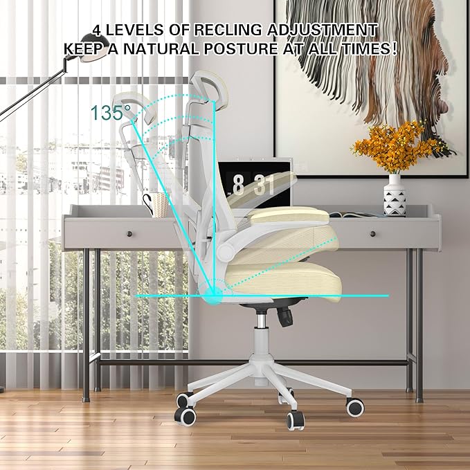 Ergonomic Office Chair with Adjustable Headrest & Lumbar Support - High Back Desk Chair with Flip-Up Arms, 360 Swivel Executive Computer Task Chair (Modern Beige)