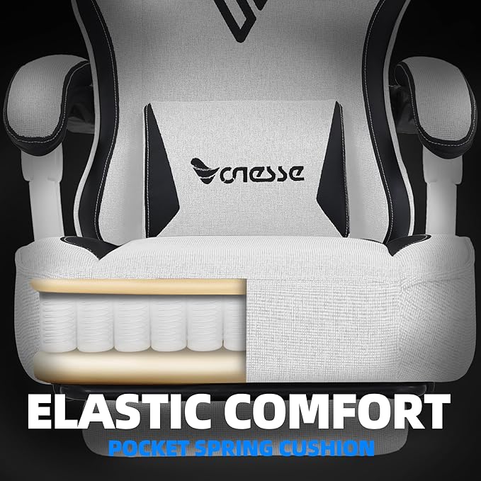 Vonesse Gaming Chair, Computer Chair Fabric with Pocket Spring Cushion, Office Chair with Footrest and Massage Lumbar Support, Reclining Gaming Chairs for Adults 250LBS (Beige White)