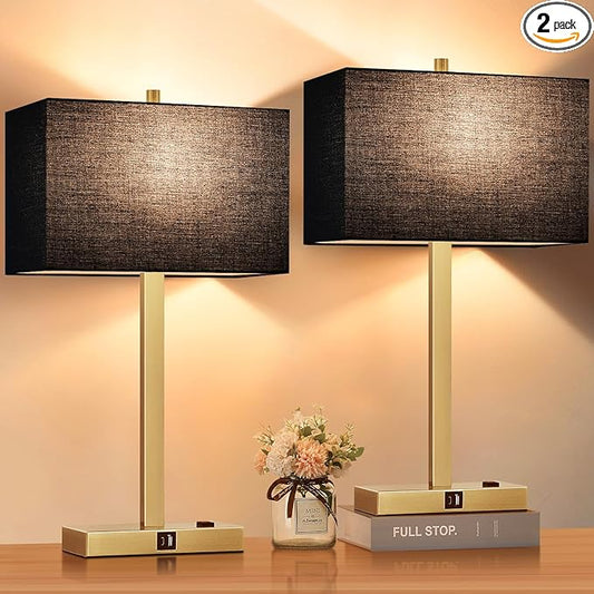 Lynnoland 21" Set of 2 Bedside lamp with USB A+C & AC Outlets, Touch Control 3-Way Dimmable Nightstand Lamps for Bedroom Living Room Office Reading, Black Shade Touch Lamps, 3000K LED Bulbs Included