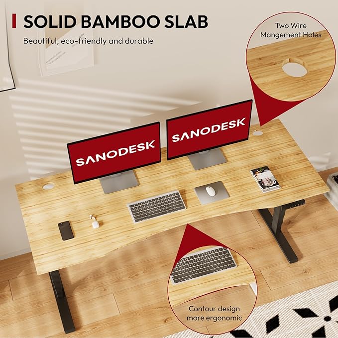 Standing Desk 3 Stages Dual Motor 72 inch Whole-Piece Real Bamboo Desktop Height Adjustable Desk for Home Office Stand Up (Black Frame/ 72" Curved Natural Bamboo Top)