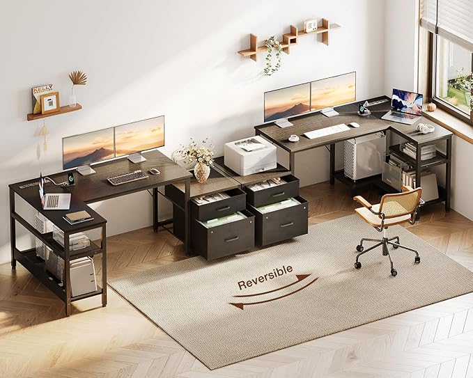 Casaottima L Shaped Desk with Drawers & File Cabinet, Computer Desk with Storage Shelves & CPU Stand, Corner Desk with Power Outlets, Reversible L Desk for Gaming, Home Office, Black