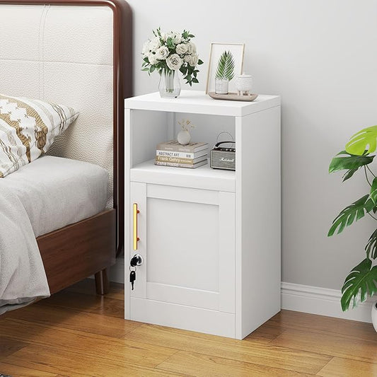 Metal White Nightstand with Lockable, 27.56" Small End Table Storage Cabinet with Door and Adjustable Shelf, Versatile Side Table for Bedroom, Living Room or Office (White)