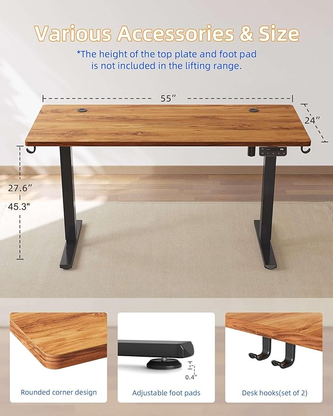 YIHAYO Electric Standing Desk, 55 x 24 Inches Stand Up Desk with Splice Board, Adjustable Height Desk, Computer Desk for Home Office, Black Frame/Rustic Brown Top