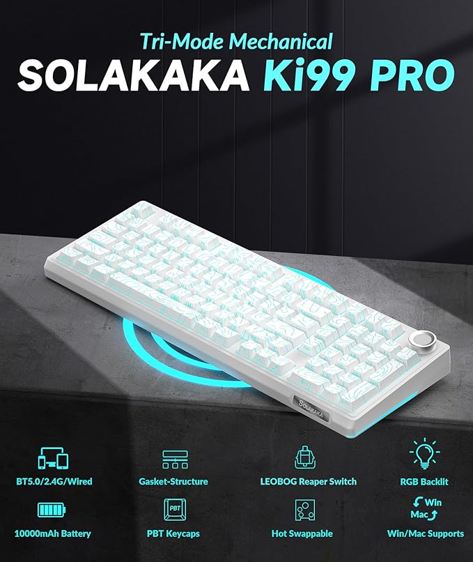 SOLAKAKA KI99 Pro 96% Wireless Mechanical Keyboard, RGB Gaming Keyboard, Hot-Swappable Pre-Lubed Switches, Gasket Structure Creamy Keyboards (Contour-Style White, Non-Silent Version)