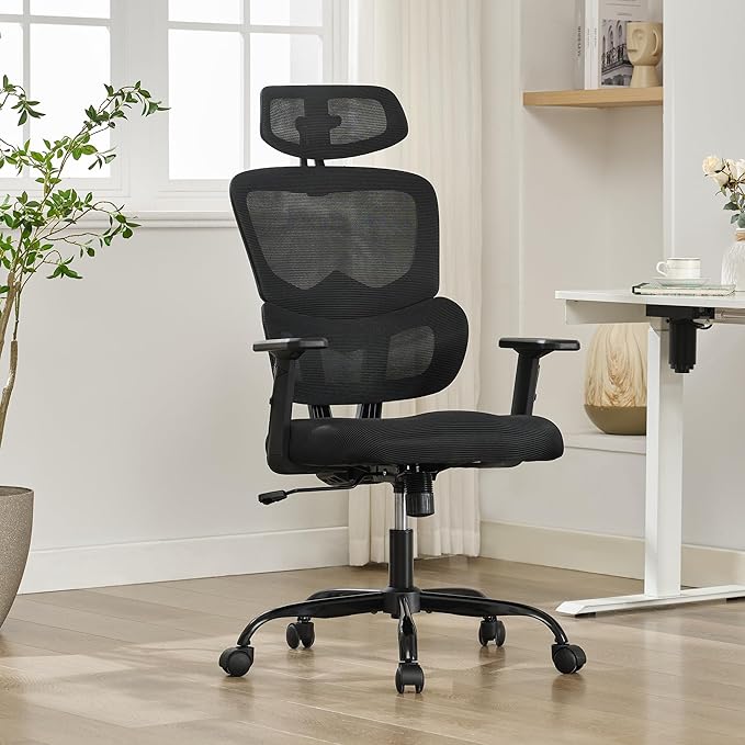 Ergonomic Office Chair,Home Mesh Office Desk Chairs,High Back Office Chair 330 LBS,Swivel Computer Task Chair with 2D Armrest,Lumbar Support,Adjustable Headrest,Rocking Function (Black)