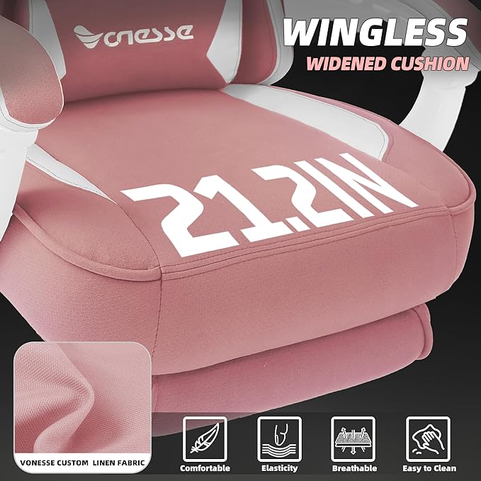 Vonesse Gaming Chair, Computer Chair Fabric with Pocket Spring Cushion, Office Chair with Footrest and Massage Lumbar Support, Reclining Gaming Chairs for Adults 250LBS (Pink)