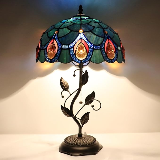 Tiffany Table Lamp, Stained Glass Style Desk Lamp, 12X12X19 Inch,Bedside Reading Light, Metal Leaf Base(Brown Crystal)