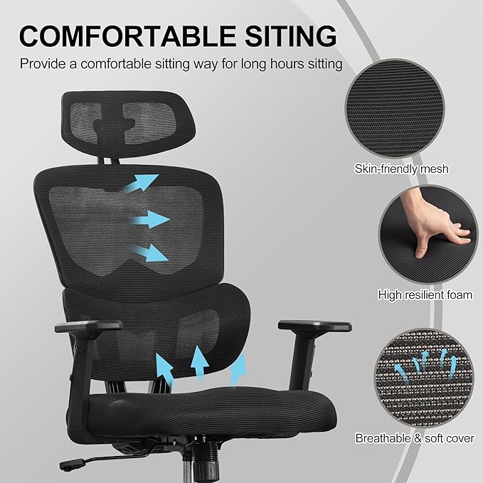 Ergonomic Office Chair,Home Mesh Office Desk Chairs,High Back Office Chair 330 LBS,Swivel Computer Task Chair with 2D Armrest,Lumbar Support,Adjustable Headrest,Rocking Function (Black)