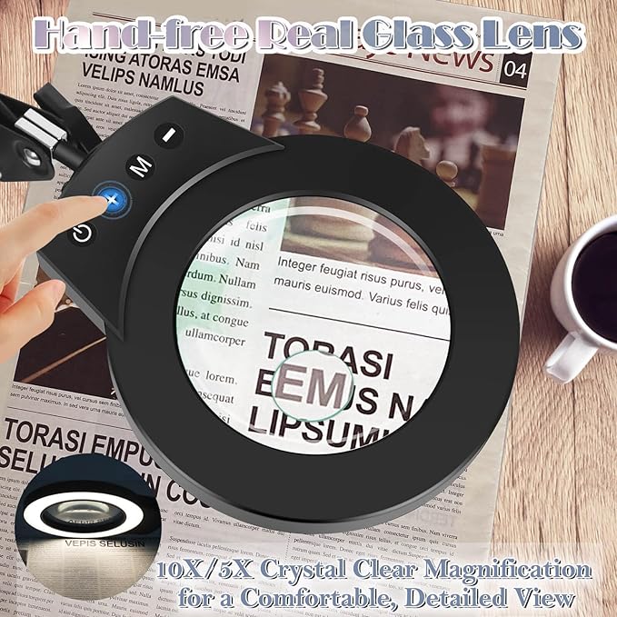 Magnifying Glass Light Clamp Desktop Lamp Stand Desk Table Close Work Up for Crafting, Model Assembly, Reading, Sewing, Jewelry Making, 10X-5X HD Magnifier 50 illumination Options for Elderly