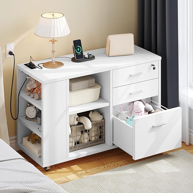 YITAHOME File Cabinet with Charging Station, Mobile Lateral Filing Cabinet with Lock for Home Office, Printer Stand with Open Storage Shelf, Fits A4, Letter, Legal Size Files, Office Furniture, White