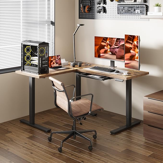 L-Shaped Standing Desk, 63 x 55 Inches Height Adjustable Desk with Storage, Sit and Stand up Desks, Ergonomic Rising Computer Table for Home Office with Splice Board, Rustic Brown