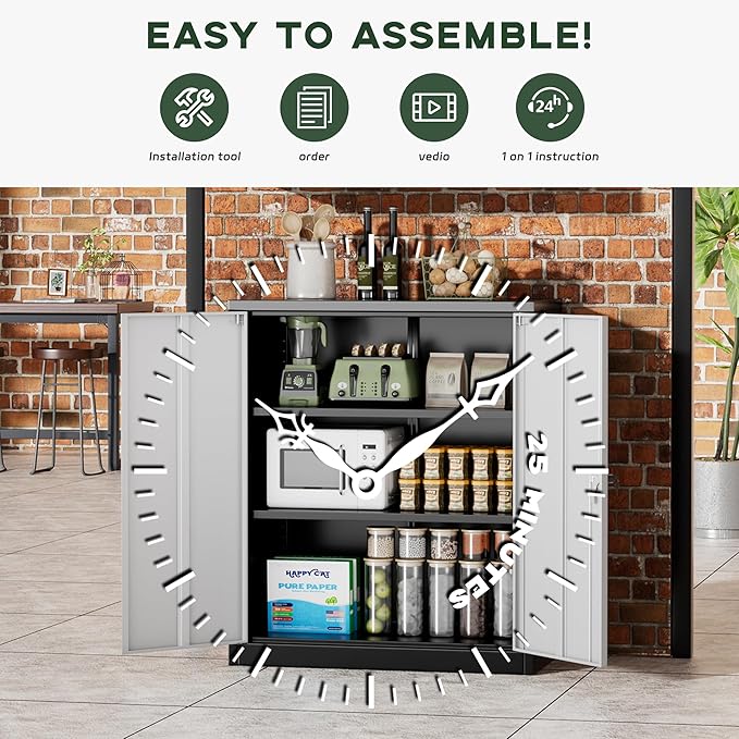 Greenvelly Metal Cabinet, 36" Locking Storage File Cabinet with Doors and Shelves for Office,Home,Gym,School,Kitchen(Black Grey)
