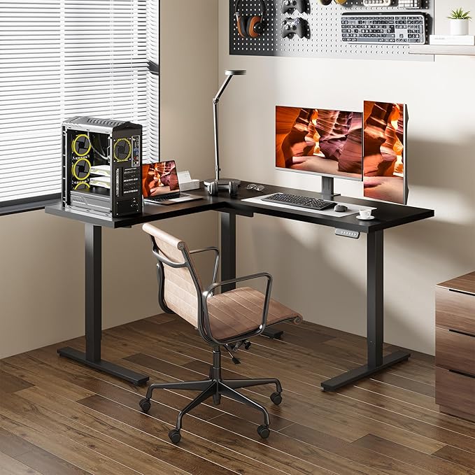 L-Shaped Standing Desk, 63 x 55 Inches Height Adjustable Desk, Sit and Stand up for Work Office Home, Ergonomic Rising Computer Table for Home Office with Splice Board, Black