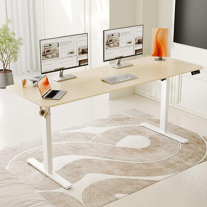ERGOMAKER Electric Standing Desk, 67" x 23.6" Height Adjustable Sit Stand Desk with Splice Board for Home Office, Computer Desk Memory Preset (White Frame, Gold Oak Desktop)