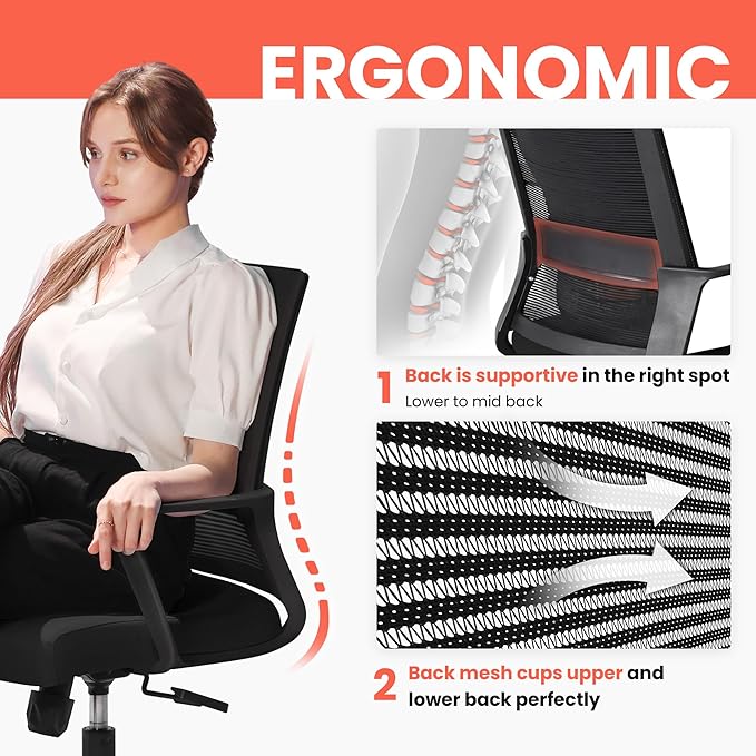 NEO CHAIR Office Chair Gaming Desk Computer Chair Ergonomic Mesh Mid Back with Wheels Lumbar Support Comfy Swivel Adjustable for Home (Black)