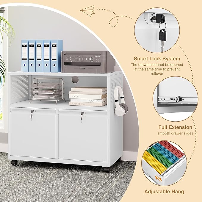 Mobile Filing Cabinet with Lock,Metal Lateral File cabinets Printer Stand with Storage Cabinets for Home Office,A4/F4/Letter (White)