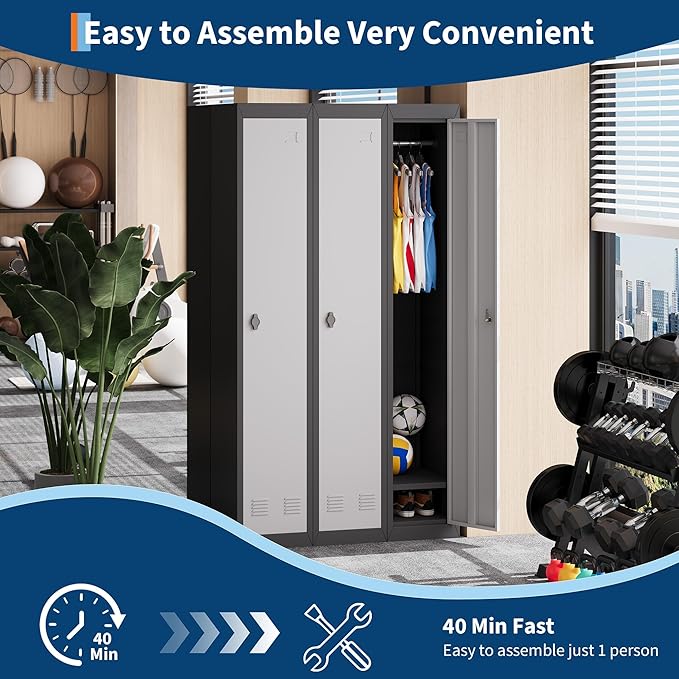 1 Door Tall Single Metal Locker, Metal Lockers for Employees with Keys, 72” Black Employee Storage Cabinet with Doors, Steel Storage Cabinets Lockable for School, Gym, Home, Office, Mudroom, Black