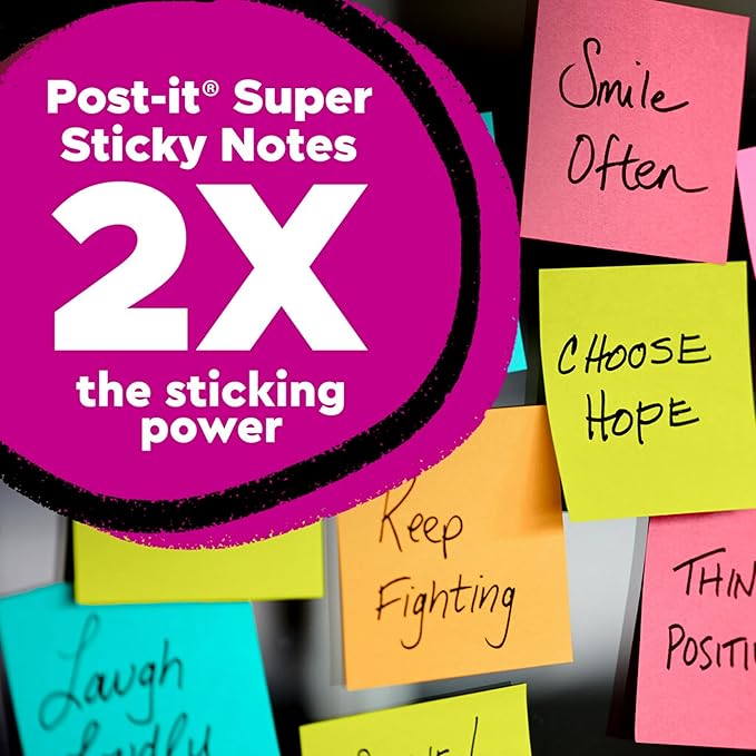 Post-it Super Sticky Notes Assorted Colors 3 x 3 inch | Teacher Pack | Super Sticky | Recyclable | 45 Sheets per Pad, 15 Pads, Pack of 6