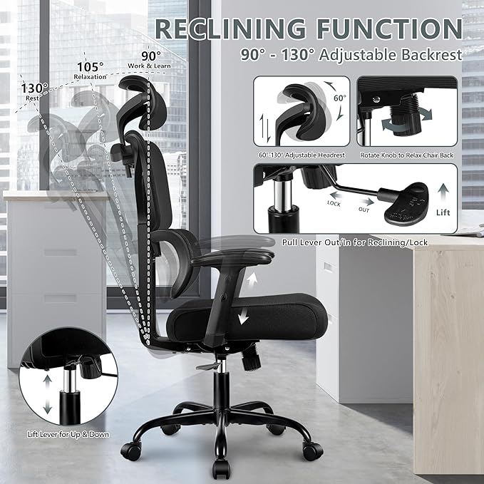 Winrise Office Chair Ergonomic Desk Chair, High Back Gaming Chair, Big and Tall Reclining Comfy Home Office Chair Lumbar Support Breathable Mesh Computer Chair Adjustable Armrests (Black)