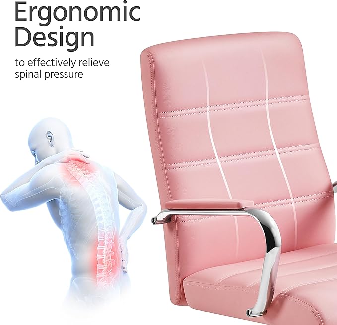 Yaheetech Mid-Back Office Chair with Arms Swivel PU Leather Height Adjustable Office Executive Chair, Pink