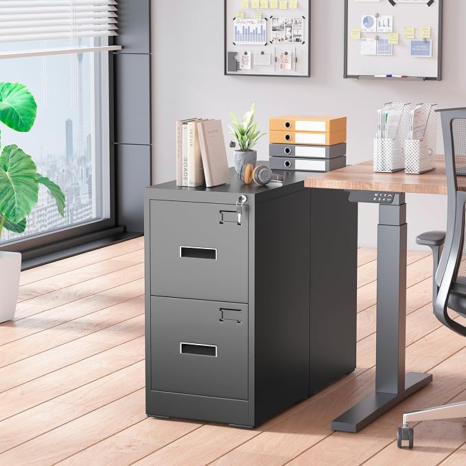Greenvelly 2 Drawer File Cabinet with Lock, Black Metal Vertical Filing Cabinet for Home Office Fit Legal/Letter/A4/F4 Size with Hanging Bars&Key