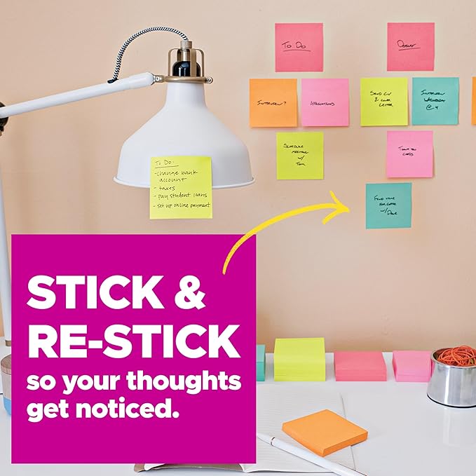 Post-it Super Sticky Notes Assorted Colors 3 x 3 inch | Teacher Pack | Super Sticky | Recyclable | 45 Sheets per Pad, 15 Pads, Pack of 6