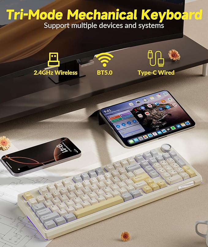 SOLAKAKA KI99 Pro 96% Wireless Mechanical Keyboard, RGB Gaming Keyboard, Hot-Swappable Pre-Lubed Switches, Gasket Structure Creamy Keyboards (Beige-White, Non-Silent Version)