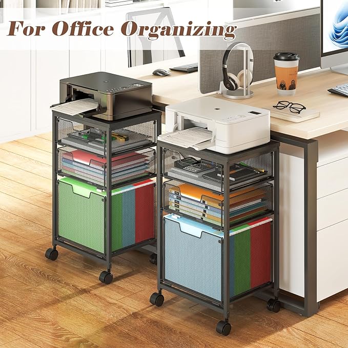 Rolling File Cart with 3 Drawers, Mobile Filing Cabinet for Home Office, Under Desk Storage Organizer with Wheels, Hanging Folder Holder Utility Cart Printer Stand, Black