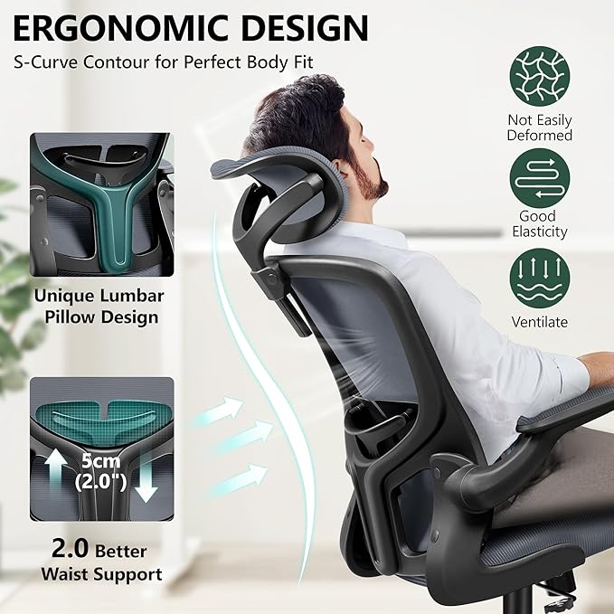 FelixKing Office Desk Chairs, Ergonomic PC Desk Chair with Wheels, Adjustable Lumbar Support and Height, Swivel Computer Chair with Flip-up Armrests, Ergo Mesh Backrest for Working (Dark Gray)