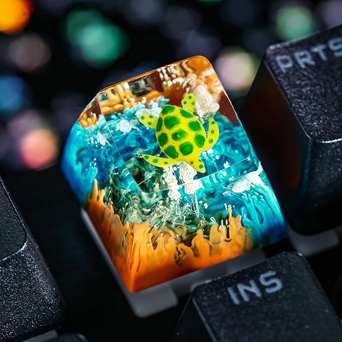 Sea Turtle Artisan Keycap Orange and Blue Coral R1 SA Profile Custom Sea Creatures Keycaps 1U ESC Handmade Gaming Ocean Resin Key Cap Cherry MX Switch Compatible Mechanical Keyboard Turtle Lover Gift