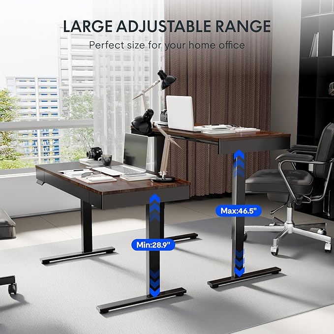 SANODESK Electric Standing Desk with Drawer, 48 x 24 inch Height Adjustable Computer Desk, Home Office Stand Up Desk with 4 Preset Heights, Dark Walnut