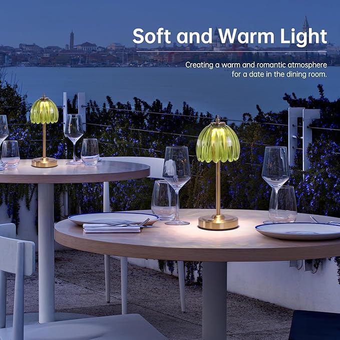 Set of 2 Cordless Table Lamp with 5000mAh Battery & Touch Control - 3 Adjustable Color Temperatures, Dimmable RechargeableTable Lamps for Bedroom, Office Desk, Nightstand (Green Tulip)