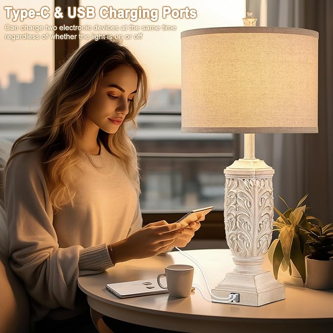 Table Lamps Set of 2 for Living Room, Farmhouse Bedside Lamp with USB C+A for Bedroom, 28.5" Tall Rustic Nightstand Lamps with Linen Fabric Shade,White Elegante Lamps for Hotel Office Decor