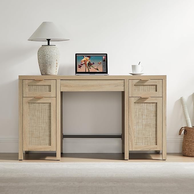 SICOTAS Rattan Executive Desk with Storage - 52" Large Home Office Desk with 3 Drawers and 2 Cabinets, Farmhouse Boho Computer Table Vanity Desk for Study, Office, Living Room, Light Oak