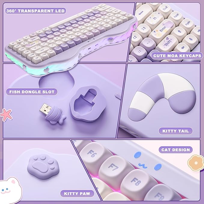 YUNZII C75 Wireless Mechanical Keyboard,75% Layout, Hot-Swappable NKRO,BT5.0/2.4G/USB-C Mode,Dye-Sub PBT MOA Keycaps,RGB Gasket Mount,Cute Cake Design for Mac/Win/Gaming (Purple, Milk V2 Switch)