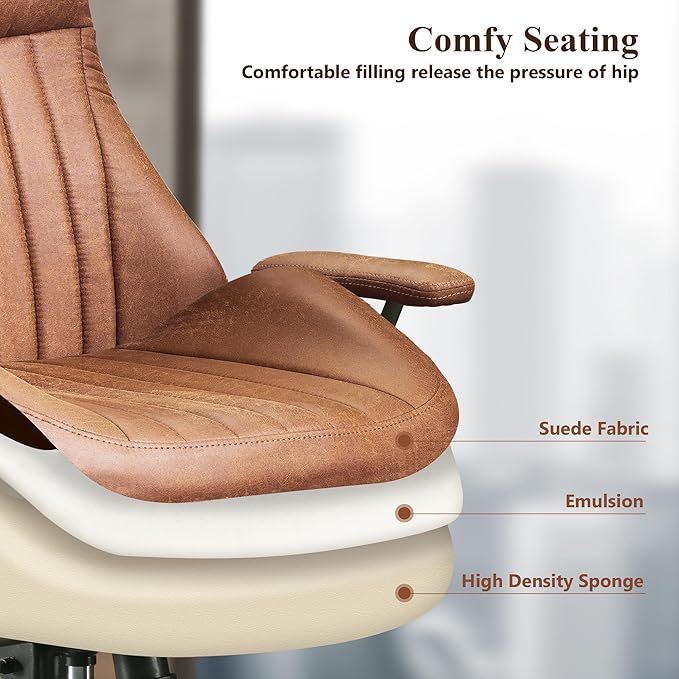 Mid Century Modren Office Chair - Fuax Leather Suede Brown Executive Chairs Ergonomic Mid Back with Lumbar Support, Swivel Computer Desk Task Chair with Wheels for Home Office (Brown, Hign Back)