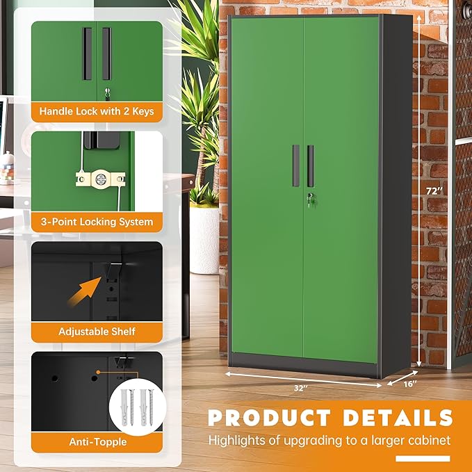 Greenvelly Metal Garage Storage Cabinet, Steel Lockable Storage Cabinet with Doors and Shelves,Office Storage Cabinets, Tall Metal Cabinet for Garage Office School Gym Warehouse