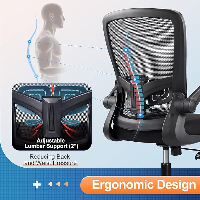 DEVAISE Office Chair, Ergonomic Desk Chair with Flip-up Armrests and Lumbar Support,Home Desk Chair Comfy with Adjustable Office Chair 300 lb Capacity, Black