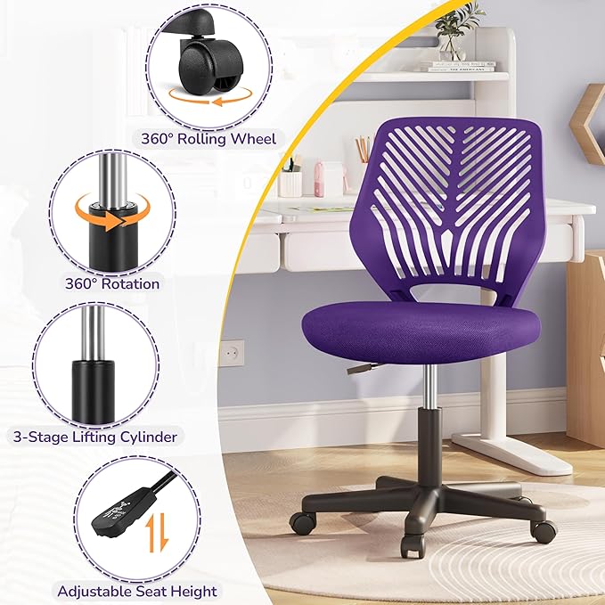 Yaheetech Students Cute Desk Chair Low-Back Armless Study Chair w/Lumbar Support Adjustable Swivel Chair in Home Bedroom School, Purple