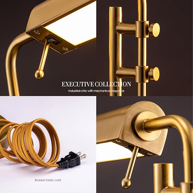 O'Bright Aurora LED Pharmacy Desk Lamp - Swing Arm, Industrial Design for Reading, Crafting, Work,10W LED, Adjustable Height 18.5-24.5 inches - Ideal for Living Room, Bedside, Office, Antique Brass