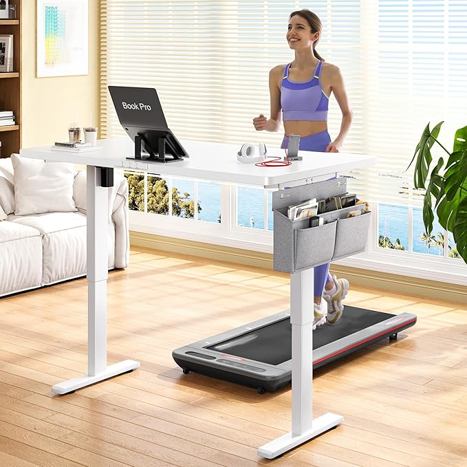 EnHomee 48 x 24 Inches Electric Standing Desk with Light Strip, Stand up Desk with Memory Preset, Height Adjustable Desks for Work Home Office, Computer Desks with Detachable Side Mount Pocket, White