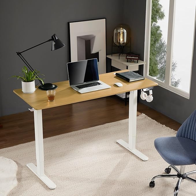 Sweetcrispy Electric Adjustable Height Standing Desk - 55 x 24 inch Sit to Stand Up Desk with Splice Board, Rising Home Office Computer Table with 2 Hook and Wire Hole for Work