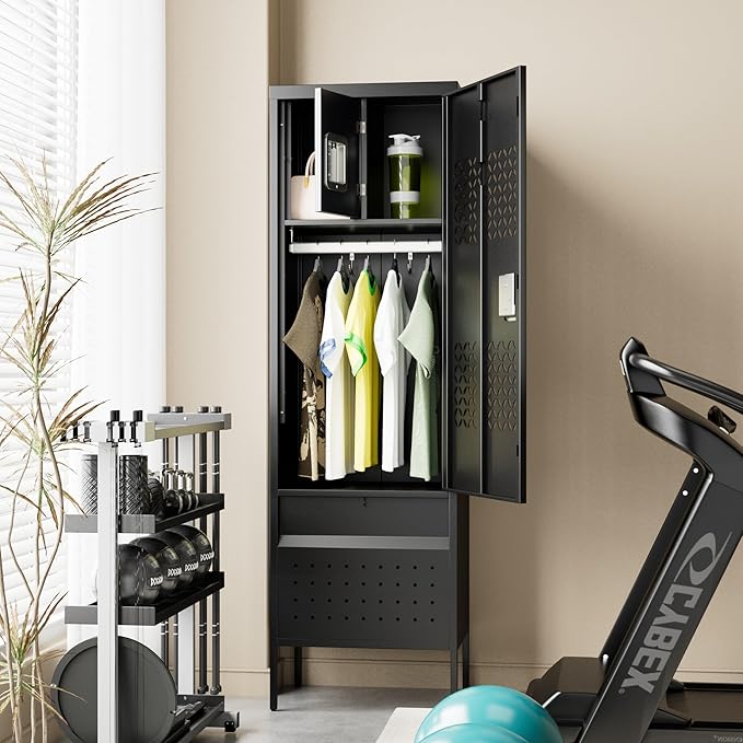 1 Door Metal Locker with Hanging Rod,Metal Storage Locker with Mesh,Suitable for Gym,Basketball Gym,Gymnasiums,Utility Room,Assembly Required,Black