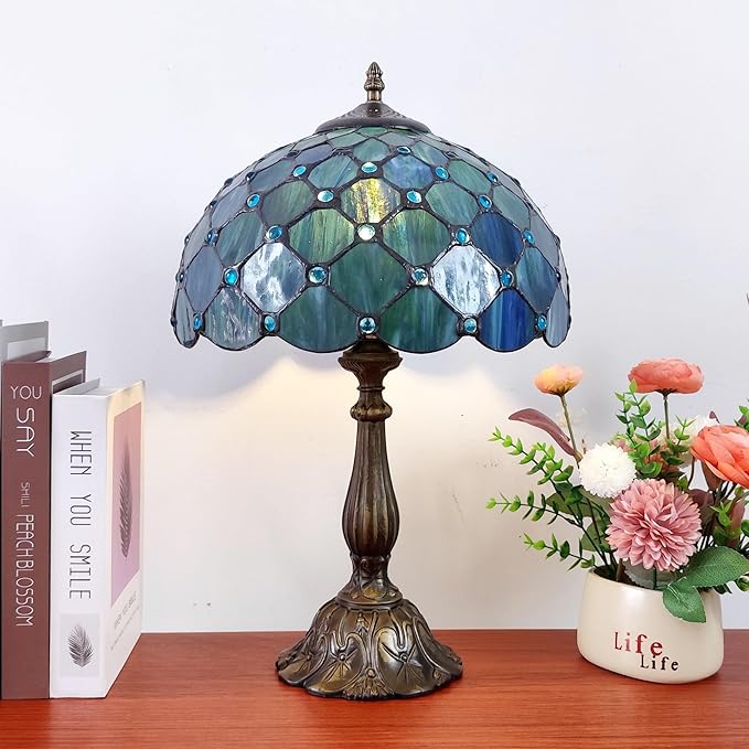 Tiffany Table Lamp Stained Glass Antique Bedside Nightstand Lamp Blue Pearl Style Small Antique Desk Light for Bedroom Living Room Home Office,3-Color LED Bulb Include