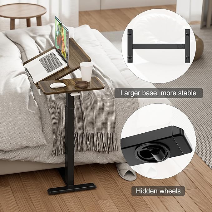 Ywin Medical Adjustable Tilt Overbed Bedside Table with Wheels, Swivel Portable Tray Table(27.6" W x 15.8" D), Small Standing Desk for Bedroom, Hospital, Couch, Office Use,Black Walnut