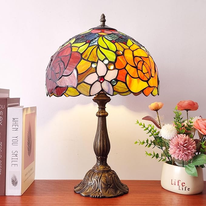 Tiffany Style Table Lamp Rose Flower Pattern Stained Glass Lamp 12X12X19 Inch 3-Way Antique Light for Nightstand Bedroom Living Room Home Office